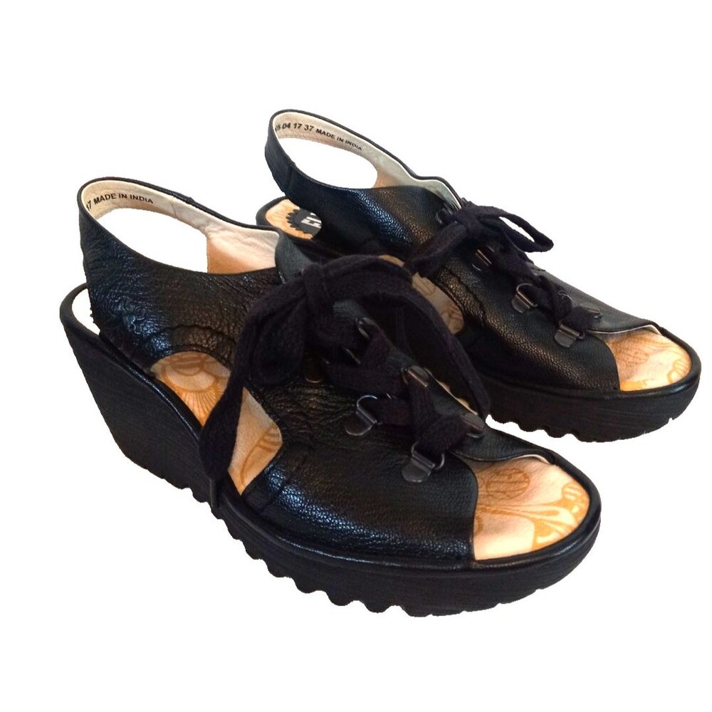 Fly London Womens YLVA Black Wedge Peep Toe  Tie Sandals Shoes Size 37 US 6.5